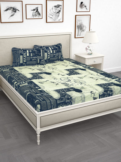 Story@home Blue & Off White Conversational King Bedsheet with 2 Pillow Covers