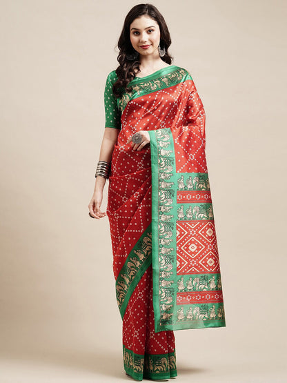 Saree Mall Red & Green Bandhani Printed Saree