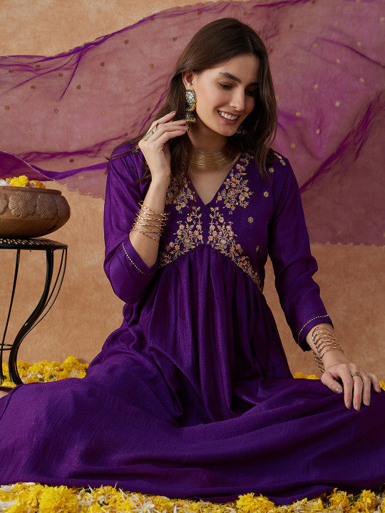 Sangria Alia Cut Ethnic Motifs Embroidered Anarkali Kurta With Palazzo & Dupatta Set