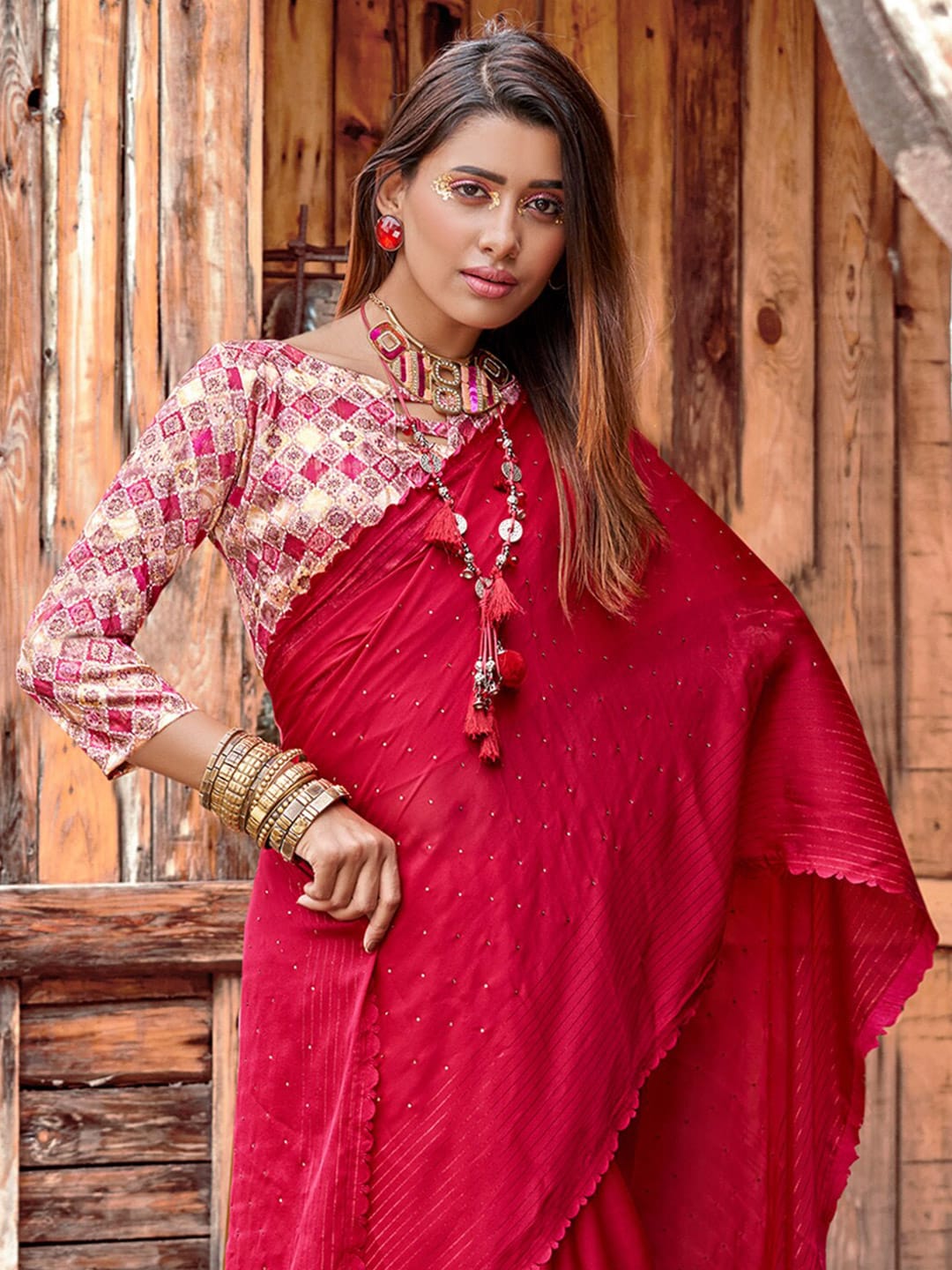 Saree Mall Pink Embellished Beads and Stones Pure Chiffon Sarees