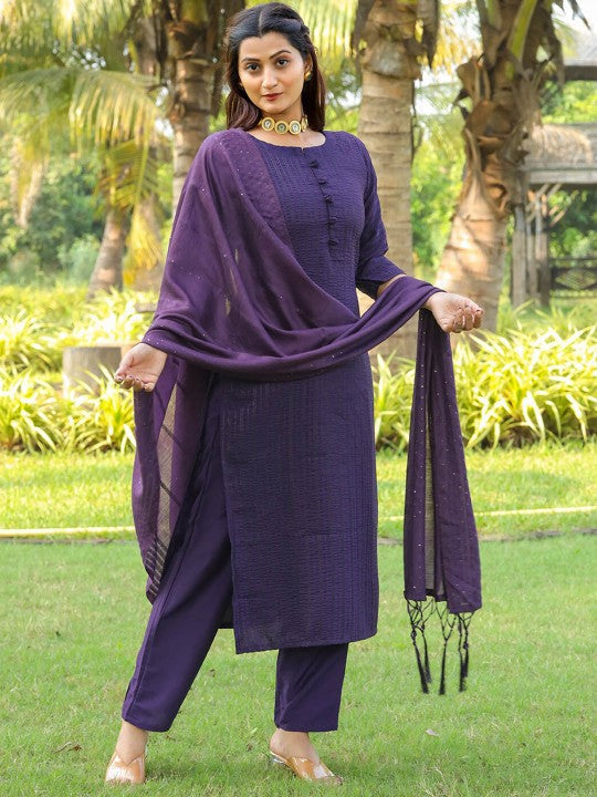 Tikhi Imli Purple Embroidered Regular Straight Kurta with Trousers & Dupatta