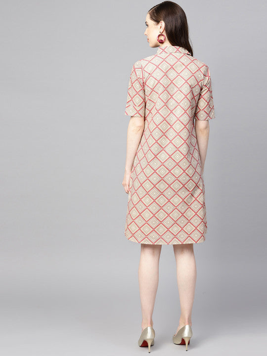 Anayna Women Beige & Pink Printed Shirt Dress