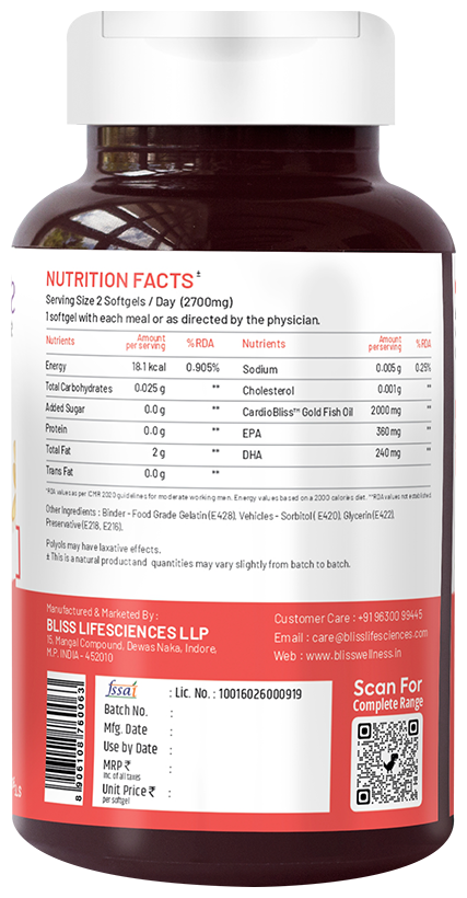 Bliss Welness Heart Health Arctic Fish Oil High Potency Omega-3 Softgel Capsule