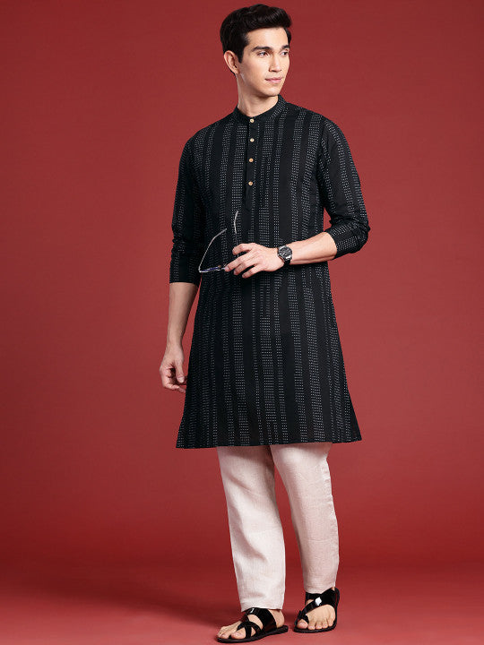 Anouk Men Polka Dot Printed Pure Cotton Kurta Colour Black And Grey