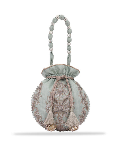 Masq Women Green & Silver-Toned Embellished Potli Clutch