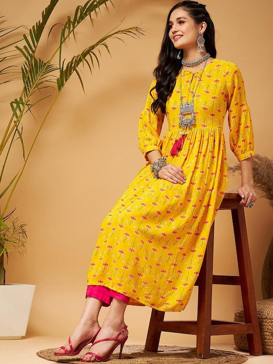 Shae by Sassafras Yellow Ethnic Motifs Printed Tie-Up Neck A-Line Kurta