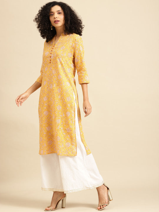 Anayna Women Yellow & White Ethnic Motifs Printed Kurta