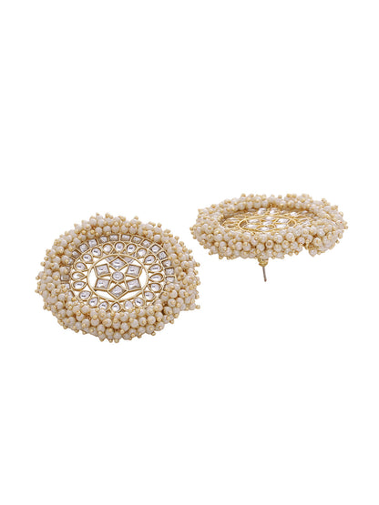 Shoshaa off-White Gold-Polished Kundan Studded & Beaded Circular Drop Earrings