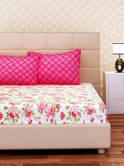 SEJ by Nisha Gupta White & Pink Floral 144 TC Cotton 1 King Bedsheet with 2 Pillow Covers