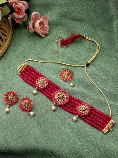 Cardinal Gold-Toned & Pink Onyx-Studded & Beaded Jewellery Set