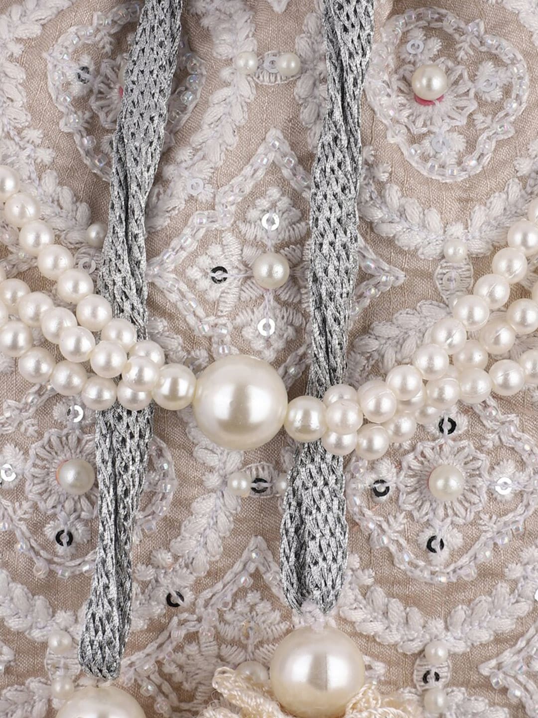 Masq Tan & White Embroidered Potli Clutch