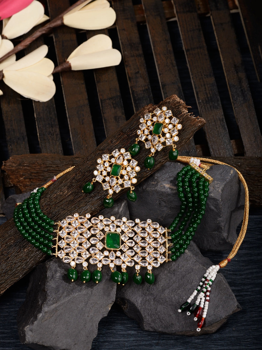 Saraf RS Jewellery Gold-Polished White & Green American Diamond Studded Choker Jewellery Set
