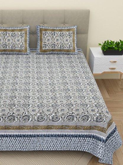 BELLA CASA Ethic White & Blue Printed Cotton 180 TC King Bedsheet with 2 Pillow Covers