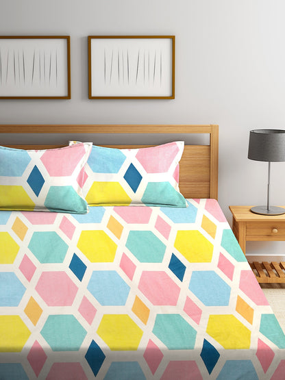 KLOTTHE Multicoloured Geometric 300 TC Fitted Double Bedsheet with 2 Pillow Covers