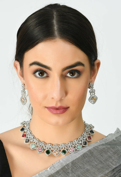Mominos Fashion Johar Kamal Women Silver-Plated American Diamond Multi Colour Choker Set