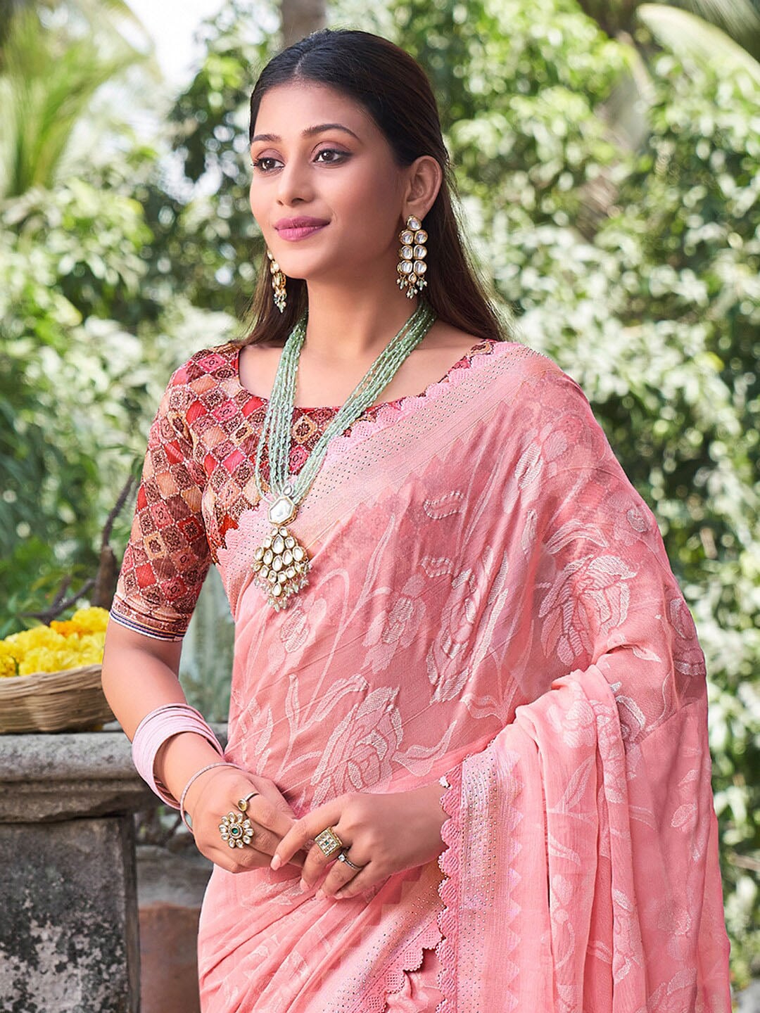 Saree Mall Floral Woven Design Pure Chiffon Beads & Stones Bagru Sarees
