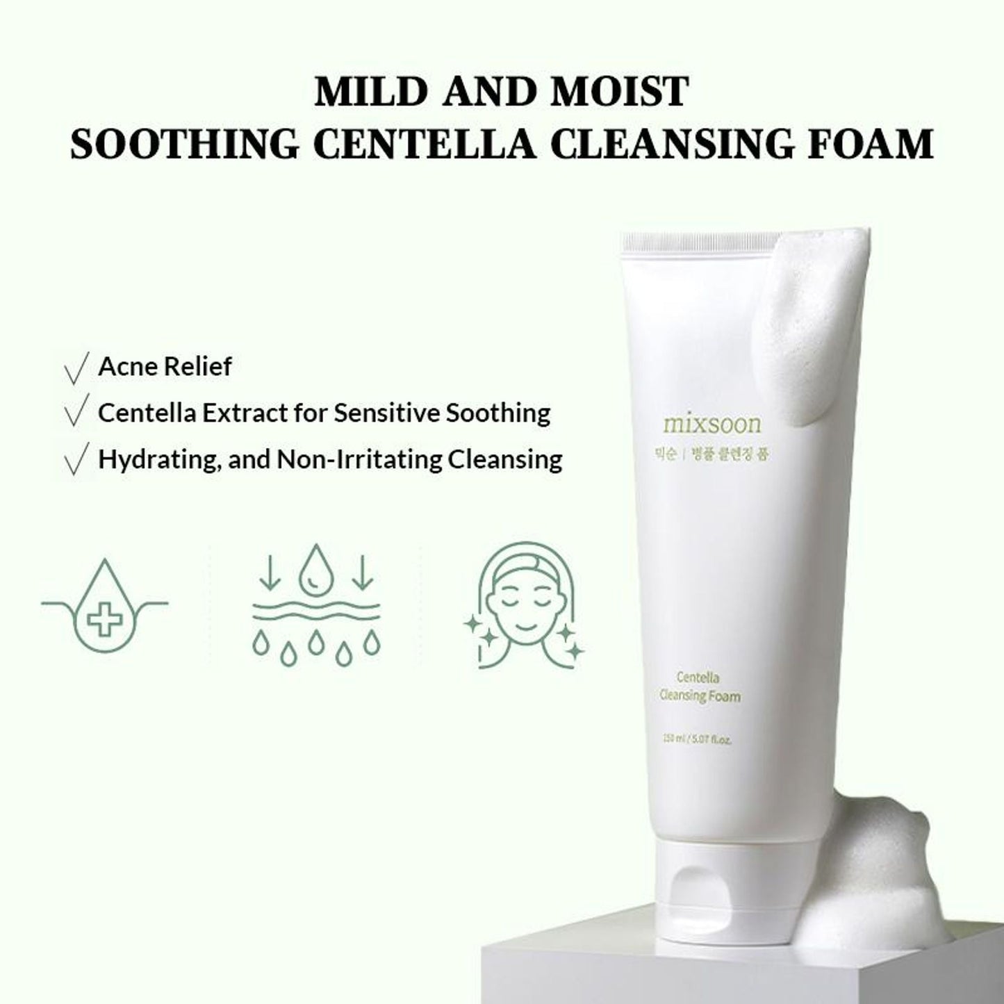 Mixsoon Centella Cleansing Foam, Gentle Face Wash for Redness & Acne-Prone Sensitive Skin