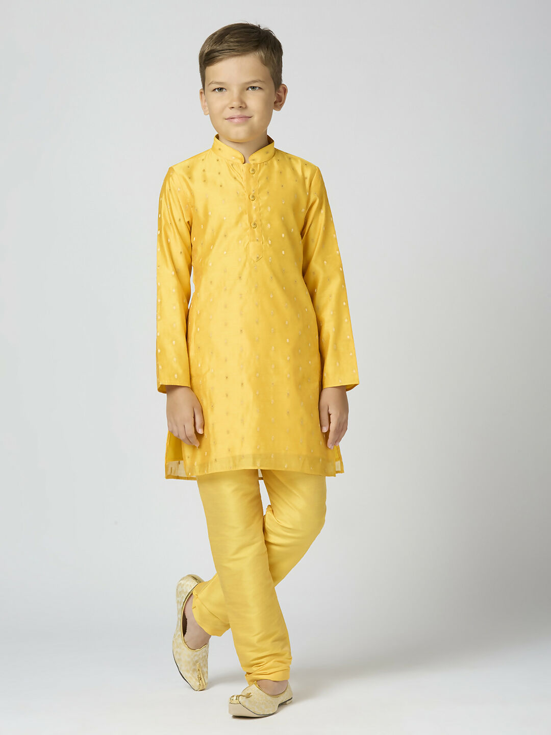 Joban Fashion Kids Island Full Sleeves Chanderi Kurta, Pyjama Set with Traditional Butta Work - Yellow