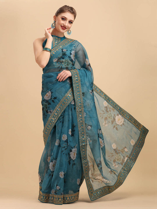 Sangria Teal & White Floral Embroidered Organza Saree