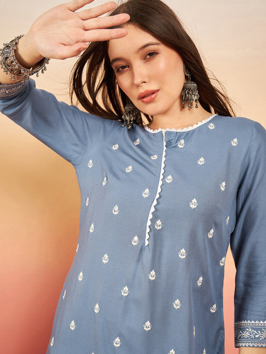 Sangria Blue Ethnic Motifs Embroidered Straight Kurta