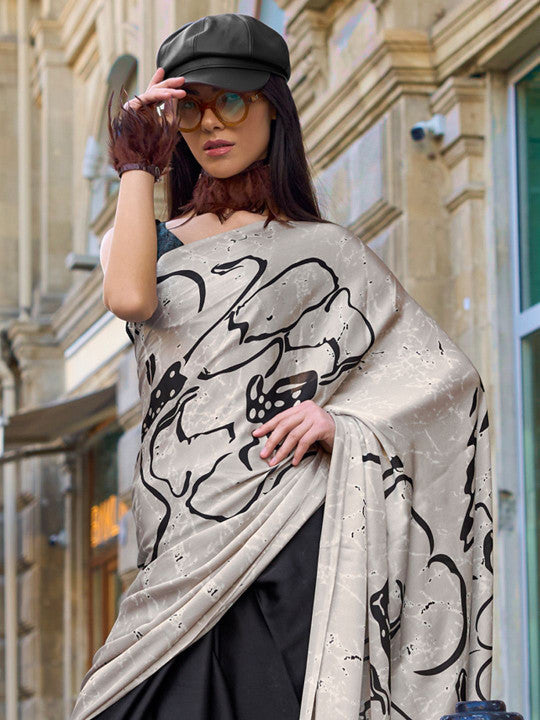 Sangria Abstract Printed Satin Saree