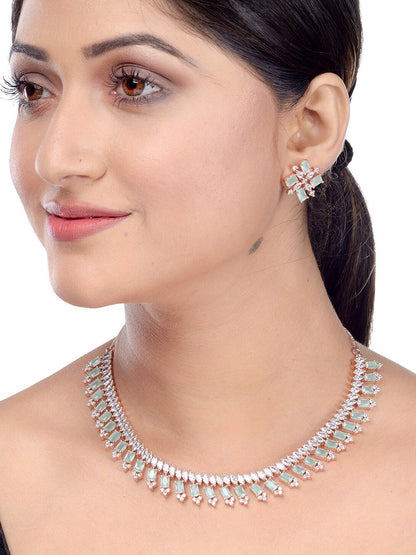 Saraf RS Jewellery Sea Green & Rose Gold-Polished American Diamond Studded Jewellery Set