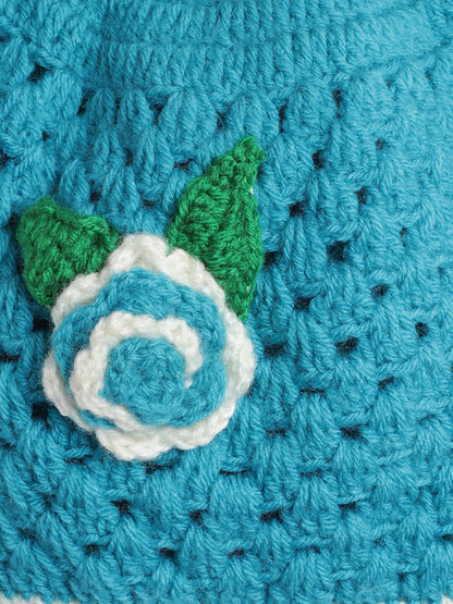 Chutput Kids Woollen Hand Knitted Flower Detailed Cap - Blue