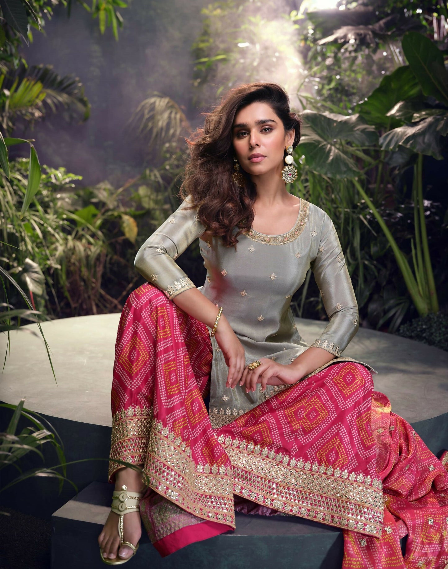 Anaita Grey Embroidered Shimmer Stitched Plazo suit