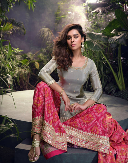 Anaita Grey Embroidered Shimmer Stitched Plazo suit