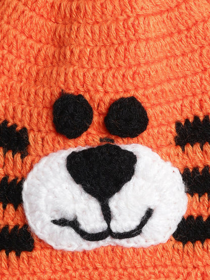 Chutput Kids Woollen Hand Knitted Tiger Face Detailed Cap - Orange