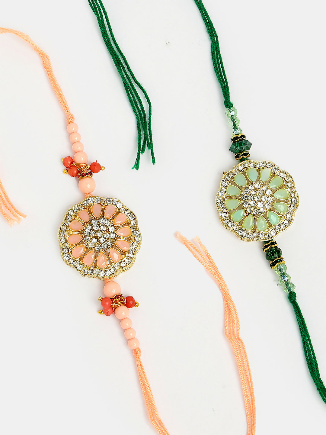 NVR Men Set of 2 Pink & Green Stone-Studded Rakhi With Roli Chawal & Chocolate