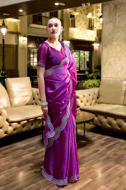 Vastranavya Purple Embroidery Work Shimmer Chiffon Saree with Unstitched Blouse