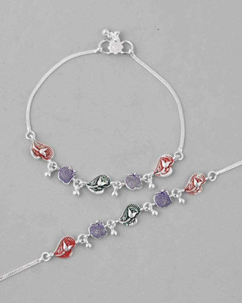 VOJ Set of 2 Silver Plated Designer Multi Color Anklet