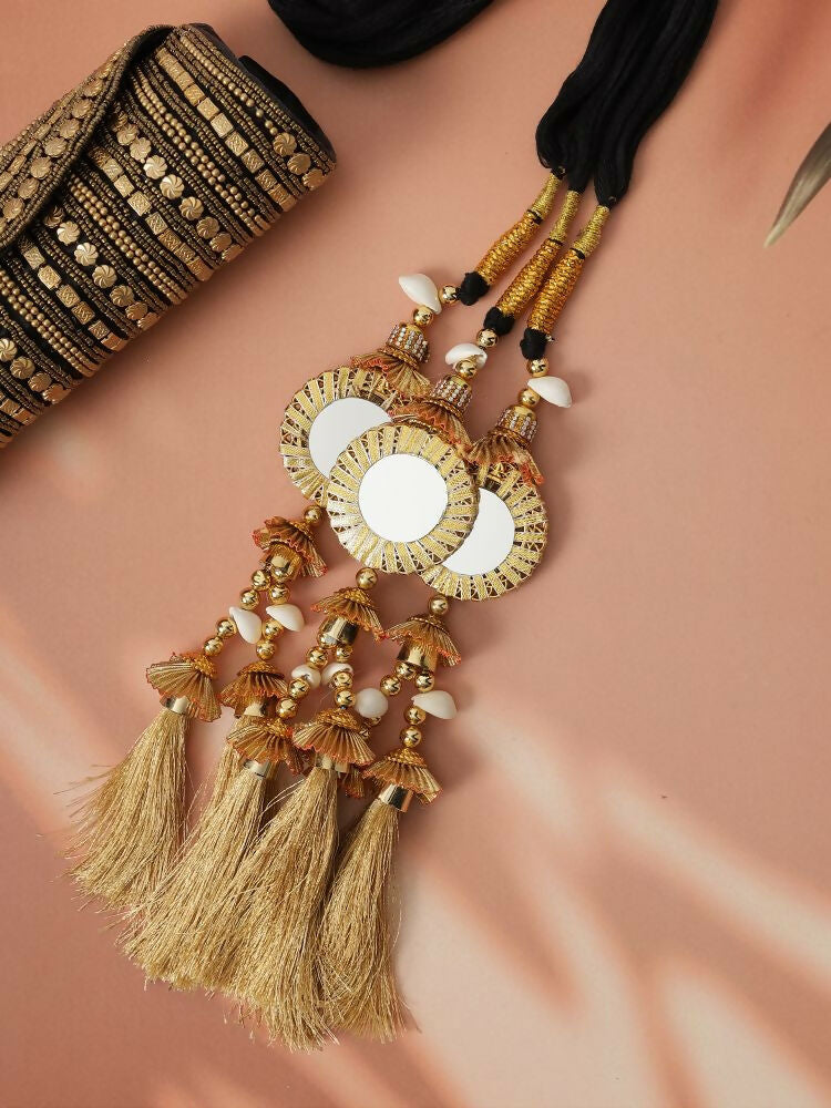 Ruby Raang Gold Gota Pati Work And Threads With Pearls And Black Thread And Mirrors