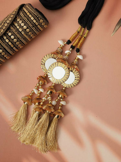 Ruby Raang Gold Gota Pati Work And Threads With Pearls And Black Thread And Mirrors