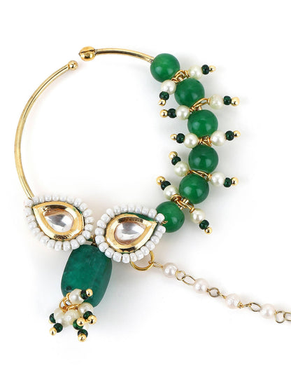Gold-Polished White Green Kundan Studded Beaded Chain Nose Pin - Ruby Raang