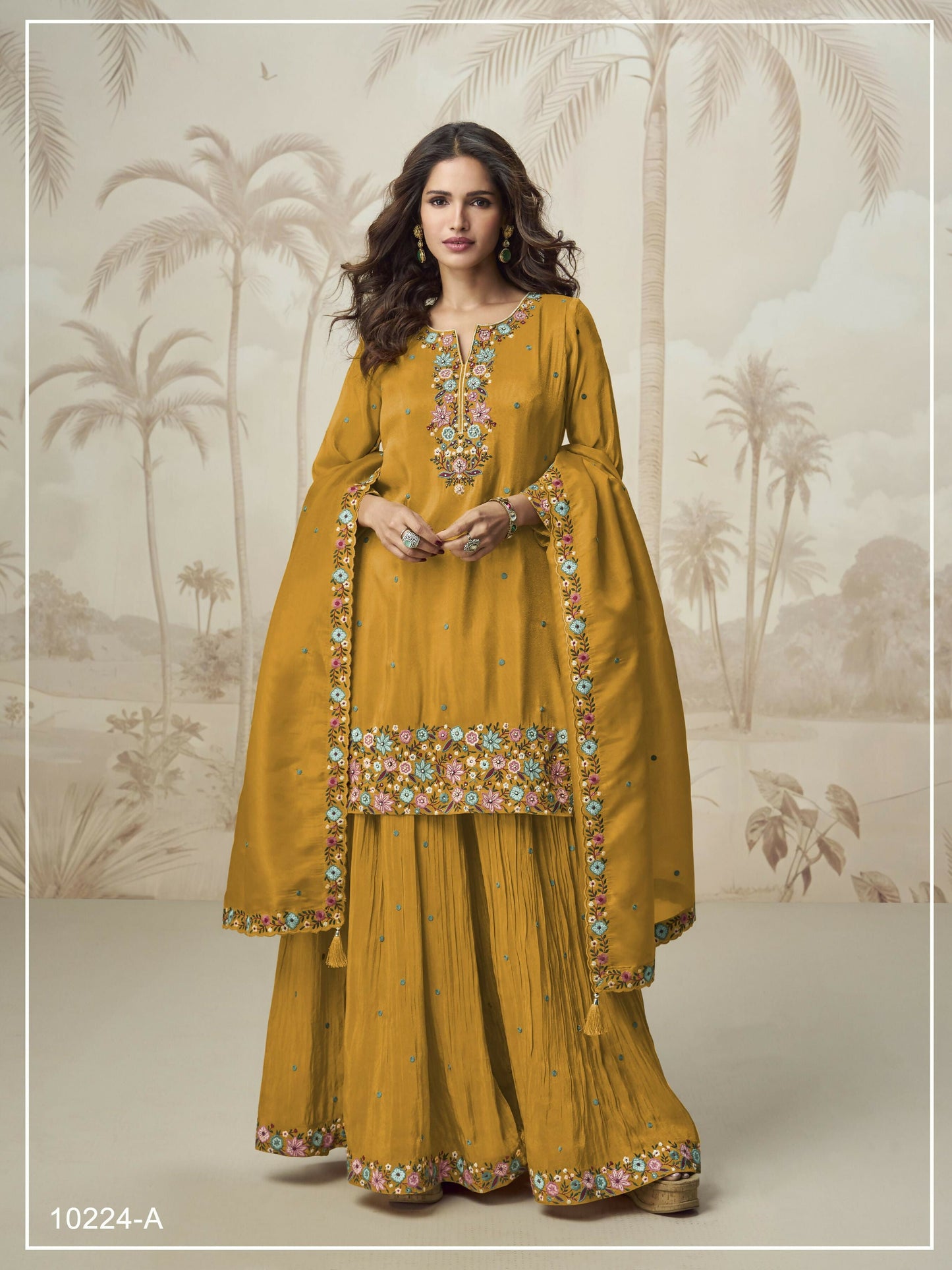 Anaita Mustard Simar with Embroidery Multi & Zarkhan Work Readymade Palazzo suit