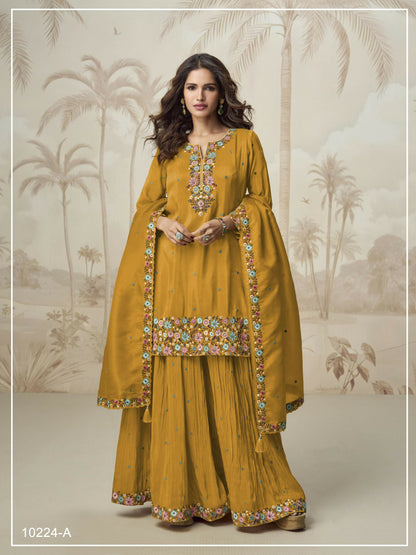 Anaita Mustard Simar with Embroidery Multi & Zarkhan Work Readymade Palazzo suit