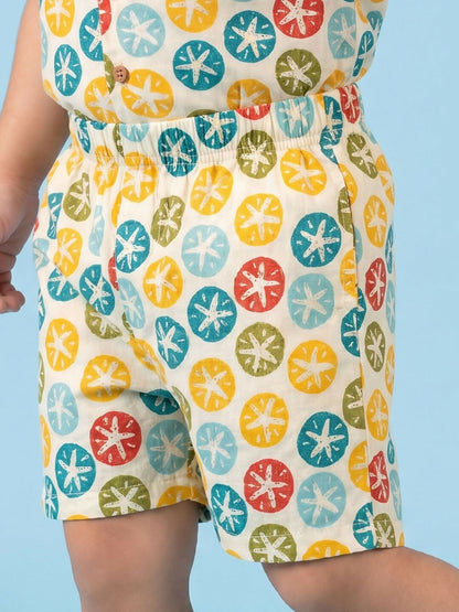Breathables Woven Cotton Half Sleeves Colourful Star Fish Shirt & Shorts Multicolour