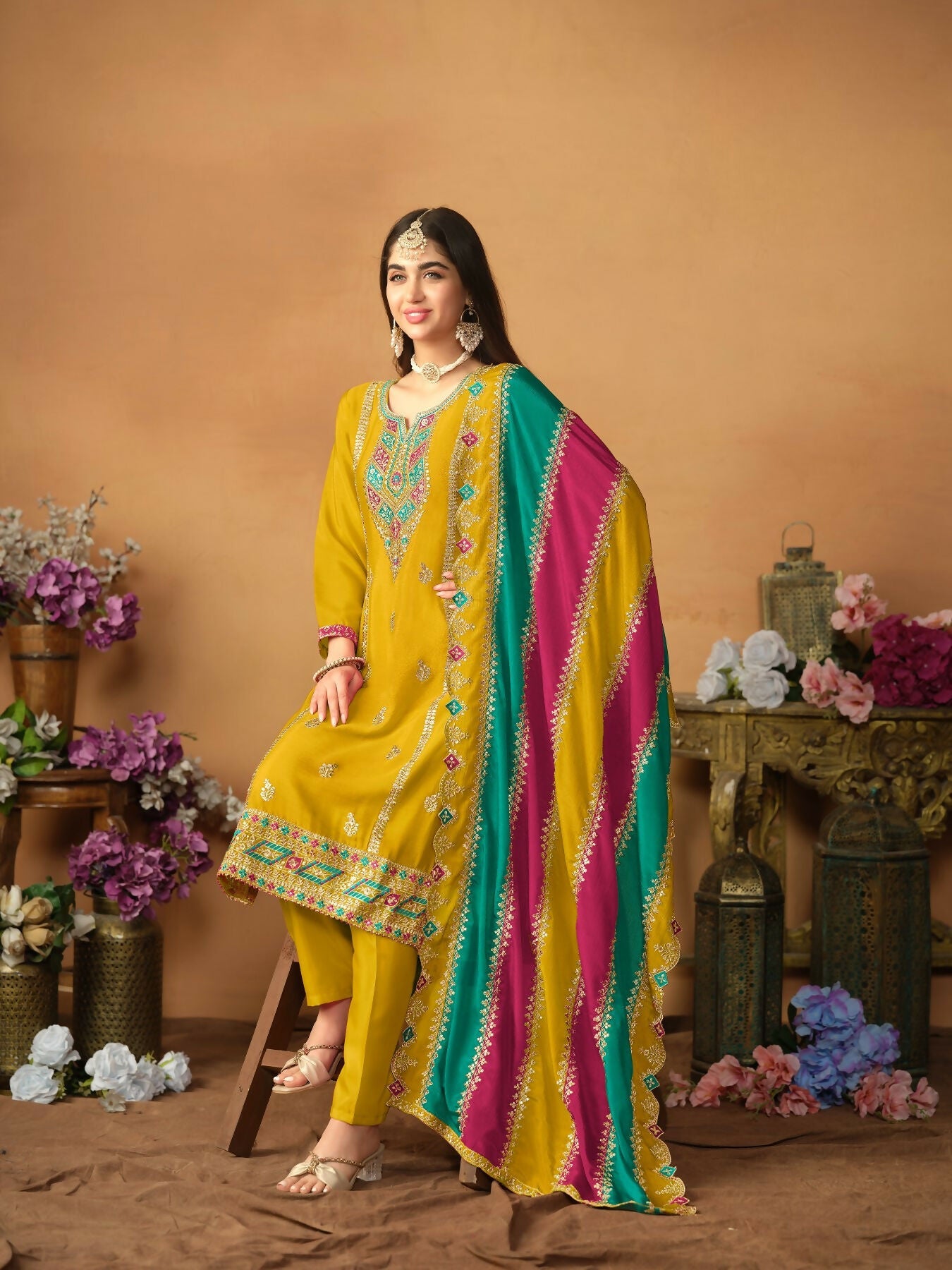 Anaita Mustard Embroidered Soft Organza Salwar Suit