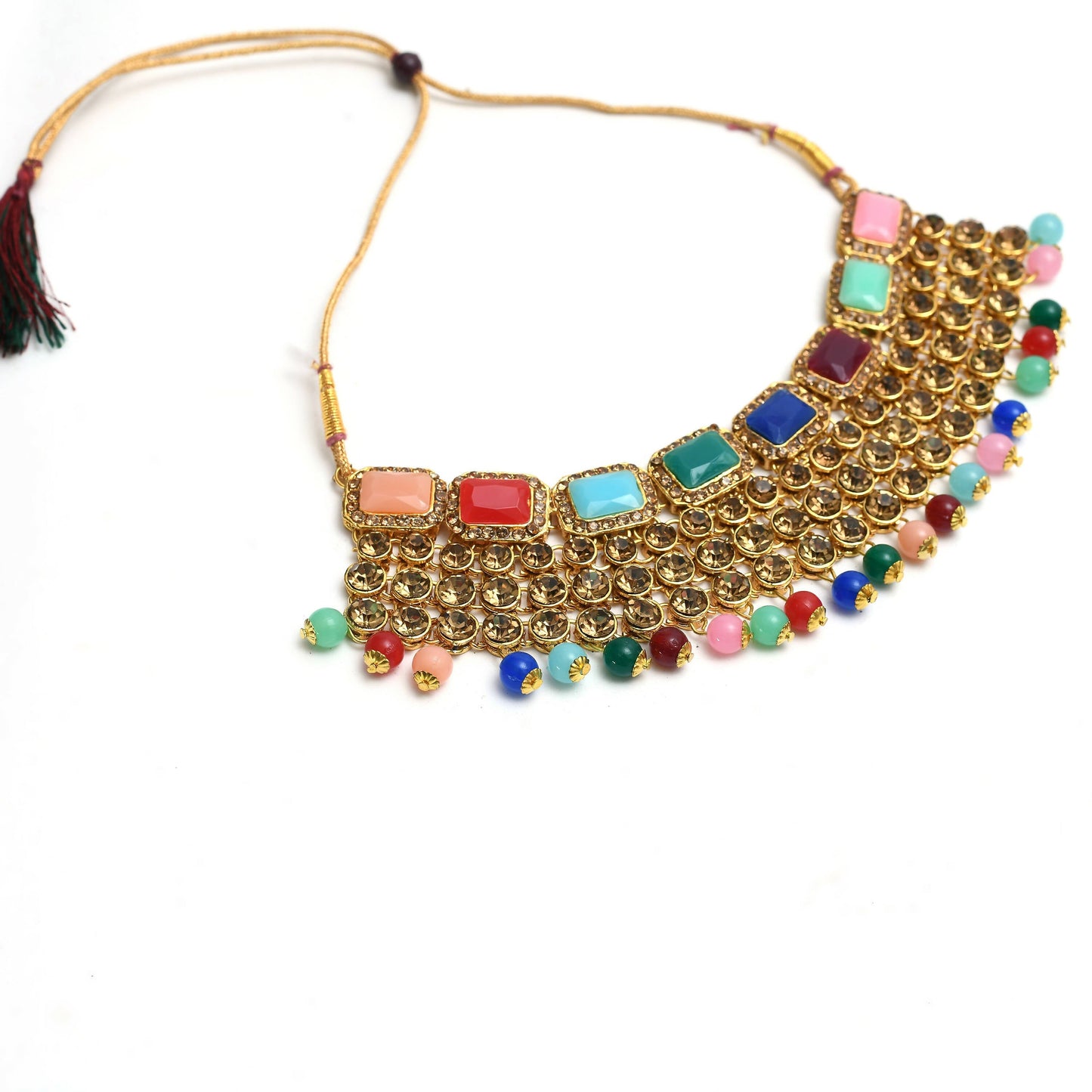Mominos Fashion Johar Kamal Gold-Polished Rajwadi Design Heavy Multi Color Necklace Set For Women