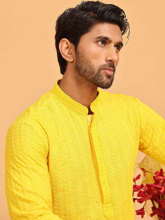 Anouk Yellow Geometric Embroidered Mandarin Collar Sequinned Straight Kurta