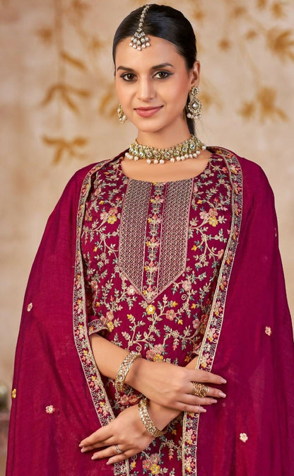 Anaita Maroon Vichitra Silk Readymade Palazzo Suit with Embroidery & Lace Work