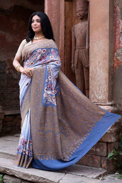 Joban Fashion Dusty Blue Crepe Chiffon Pure Handloom Banarasi Silk Saree