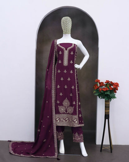 Anaita Dark Purple Chinon Silk Stitched Suit with Embroidery & Sequence Work