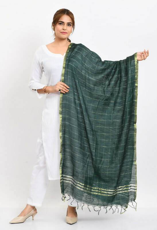 Mominos Fashion Moeza Women's Cotton Zari Box Bottle Green Dupatta