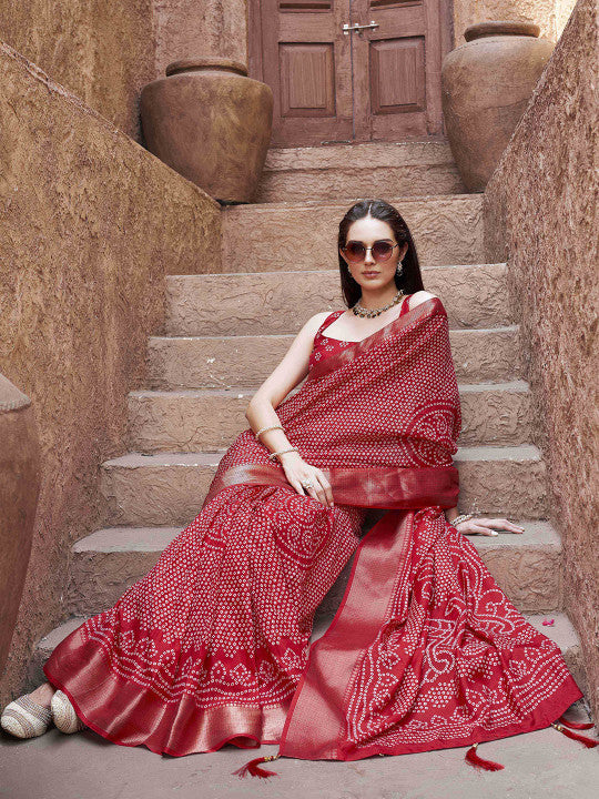 Tikhi Imli Bandhani Print Ready To Wear Saree with Zari Border