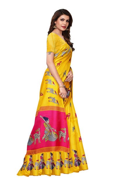 Vamika Yellow Color Kalamkari With Jhalar Khadi Silk Saree