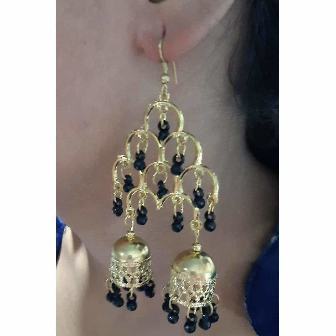 MS Fashion India Gold-Polished Fashion Traditional Double Jhumka Long Black Pearls Earrings
