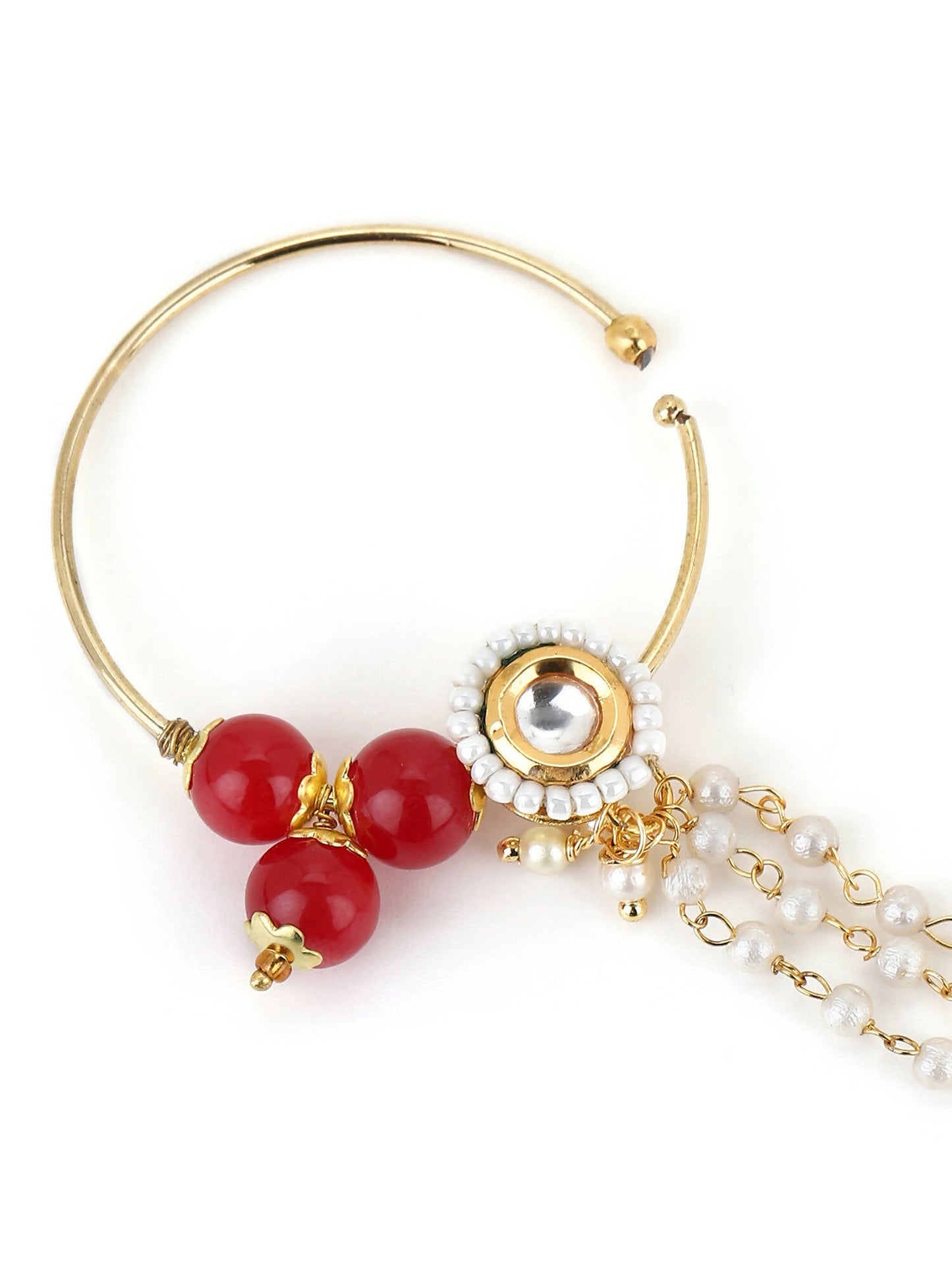 White Red Gold-Polished Kundan-Studded Beaded Nosepin - Ruby Raang